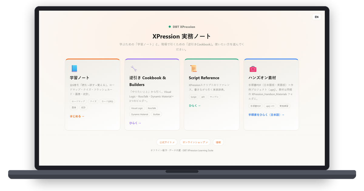 DBT XPression Learning Suite Pro — トップページ（4つ目のカード「ハンズオン素材」がPro限定）