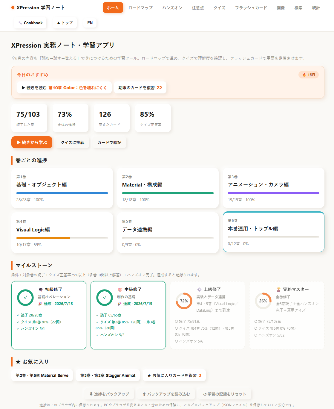 DBT XPression Learning Suite — 学習ホーム画面（進捗・マイルストーン・クイズ正答率）