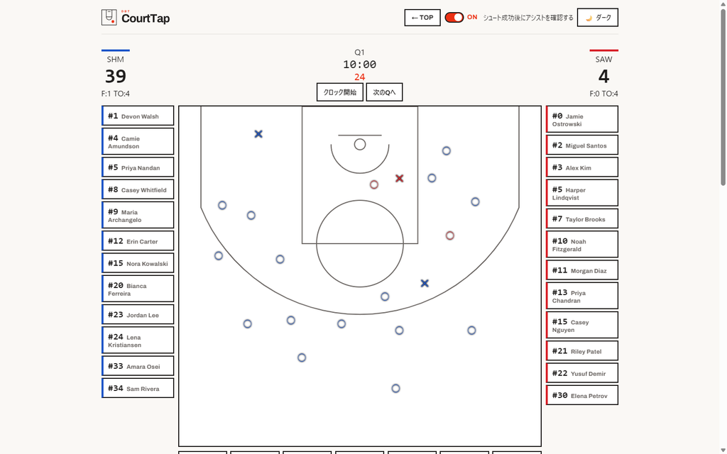 Live input screen, main recording view with court and rosters