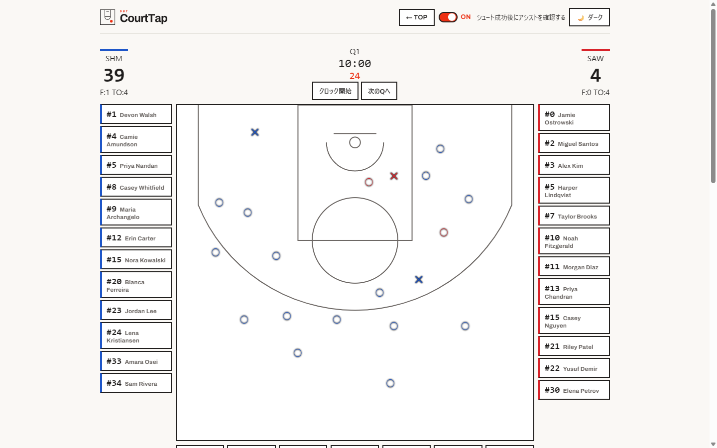 Live input screen, main recording view with court and rosters